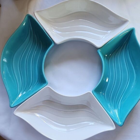 Mid Century Modern Wave Pattern Crudite Chip Dip Lazy Susan Dishes Set Of 4 - Picture 1 of 11